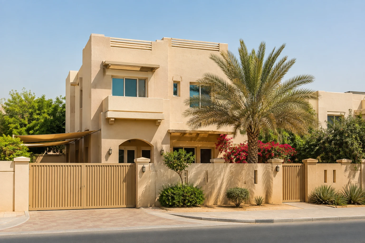 Cremefarbenes Wohnhaus mit Palmengarten und Einfriedung in Abu Hail
