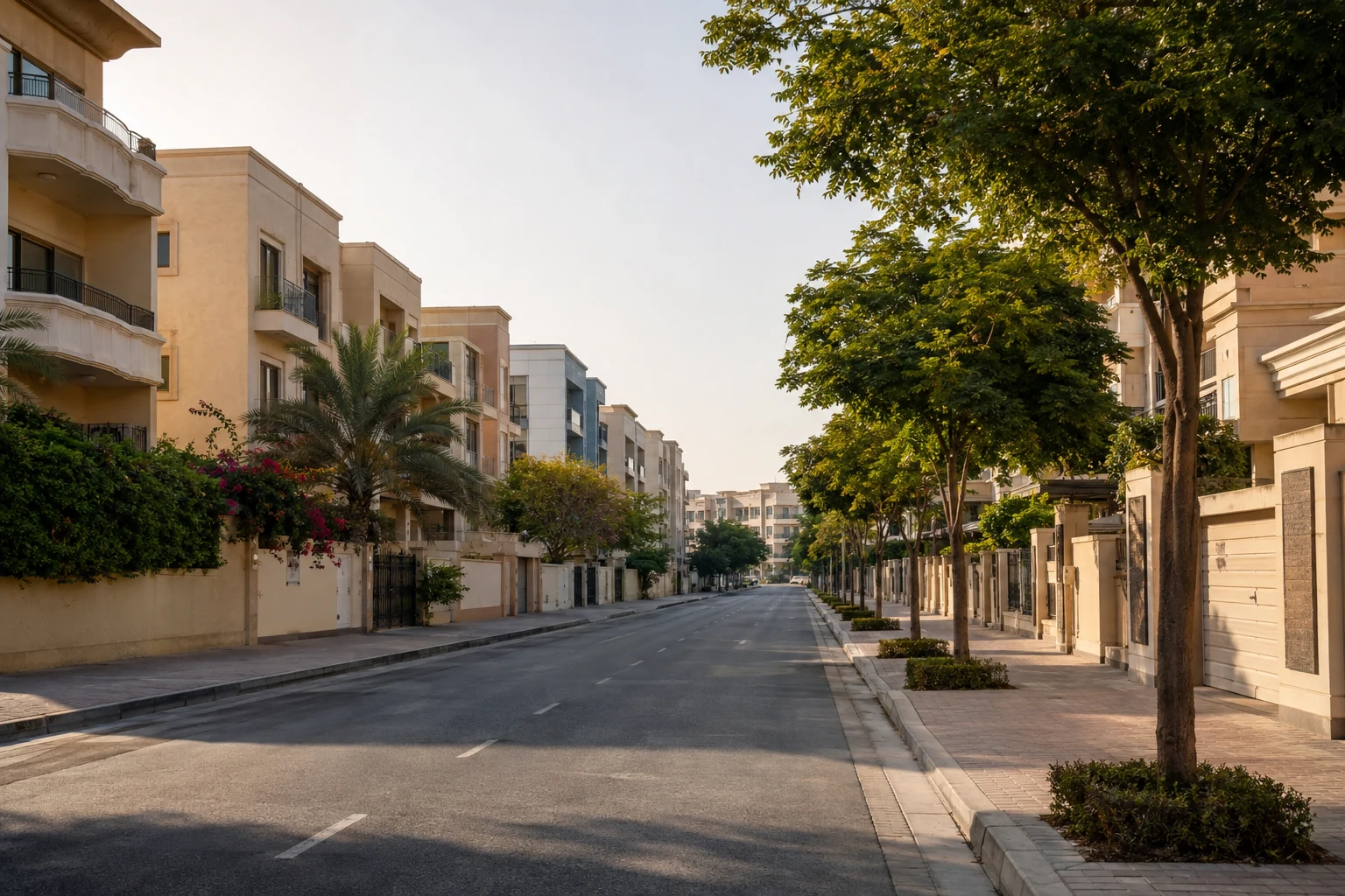 Helle Wohnstraße mit niedrigen Gebäuden und Bäumen in Abu Hail